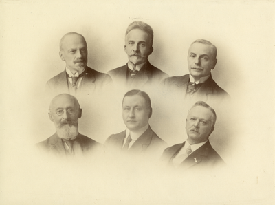 106794 Portret van zes leden van het Geneeskundig Gezelschap Matthias van Geuns te Utrecht. Borstbeeld van voren: A.H. ...